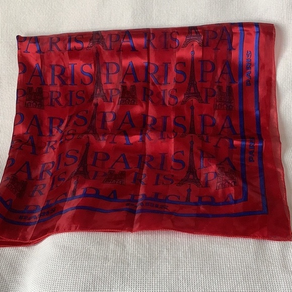 NWOT Paris Eiffel Tower Notre Dame Print Red Blue Square Scarf ~ Size 37x37” - Picture 3 of 3